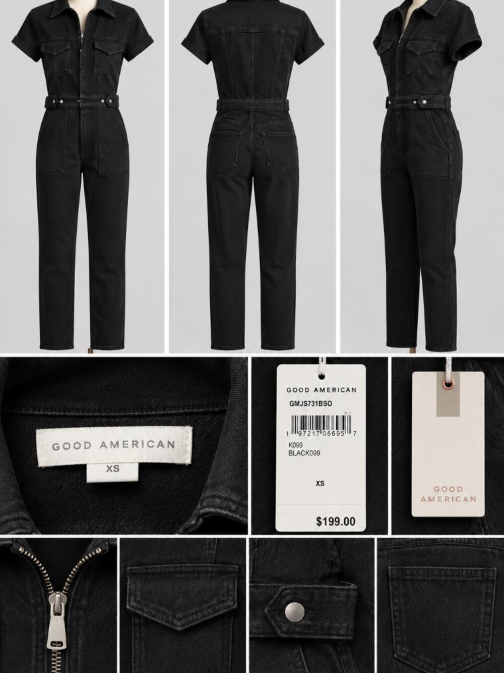 Good American Black Denim Short Sleeve Jumpsuit – XS – NWT